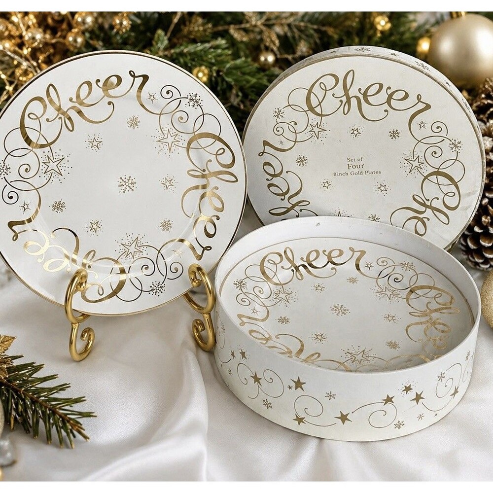 New Hausenware Lyn Dillin Cheer 8” Gold Christmas Plates Set of 4 Original Box